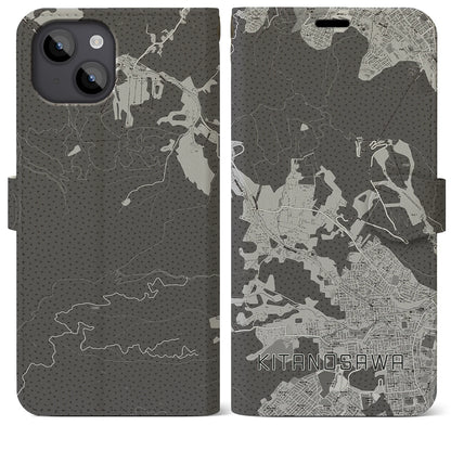 【北の沢（北海道）】地図柄iPhoneケース（手帳タイプ）モノトーン・iPhone 14 Plus 用