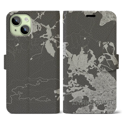 【北の沢（北海道）】地図柄iPhoneケース（手帳タイプ）モノトーン・iPhone 15 用