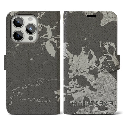 【北の沢（北海道）】地図柄iPhoneケース（手帳タイプ）モノトーン・iPhone 15 Pro 用