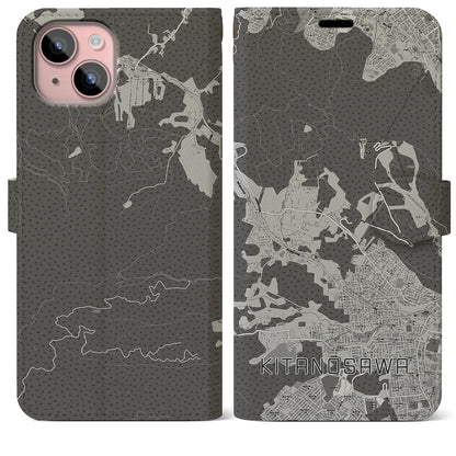 【北の沢（北海道）】地図柄iPhoneケース（手帳タイプ）モノトーン・iPhone 15 Plus 用