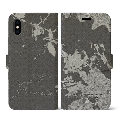 【北の沢（北海道）】地図柄iPhoneケース（手帳タイプ）モノトーン・iPhone XS / X 用