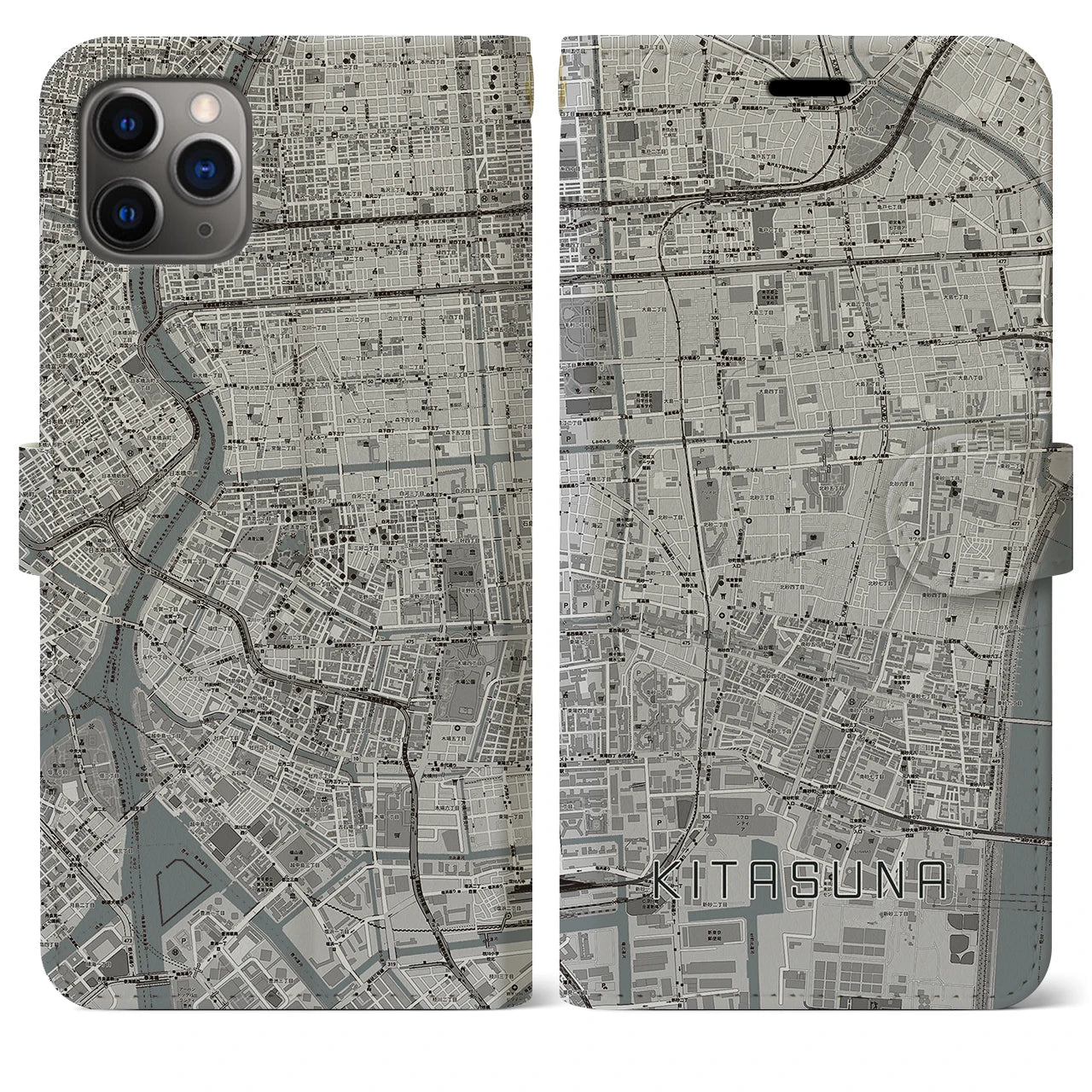 【北砂】地図柄iPhoneケース（手帳両面タイプ・モノトーン）iPhone 11 Pro Max 用