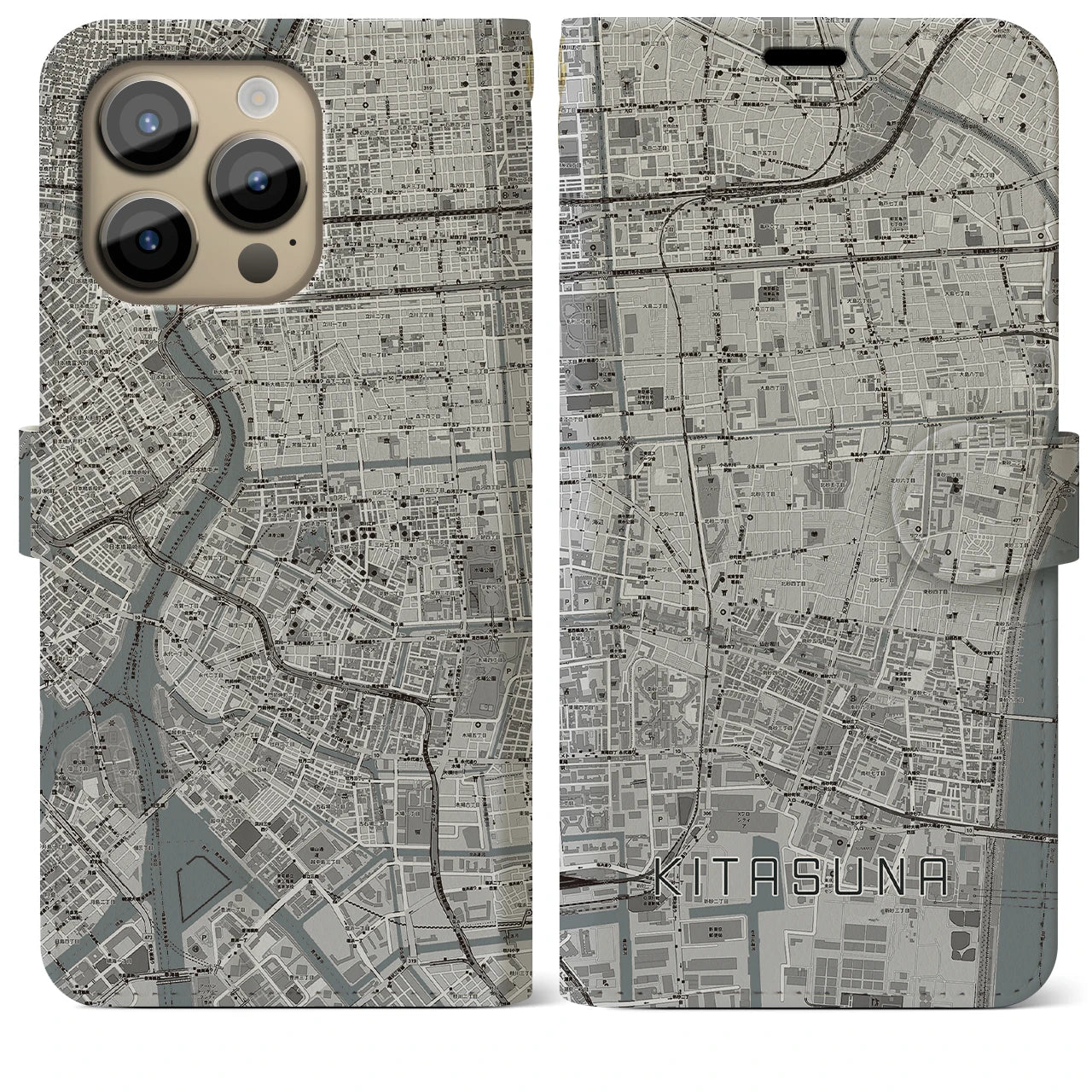 【北砂】地図柄iPhoneケース（手帳両面タイプ・モノトーン）iPhone 14 Pro Max 用