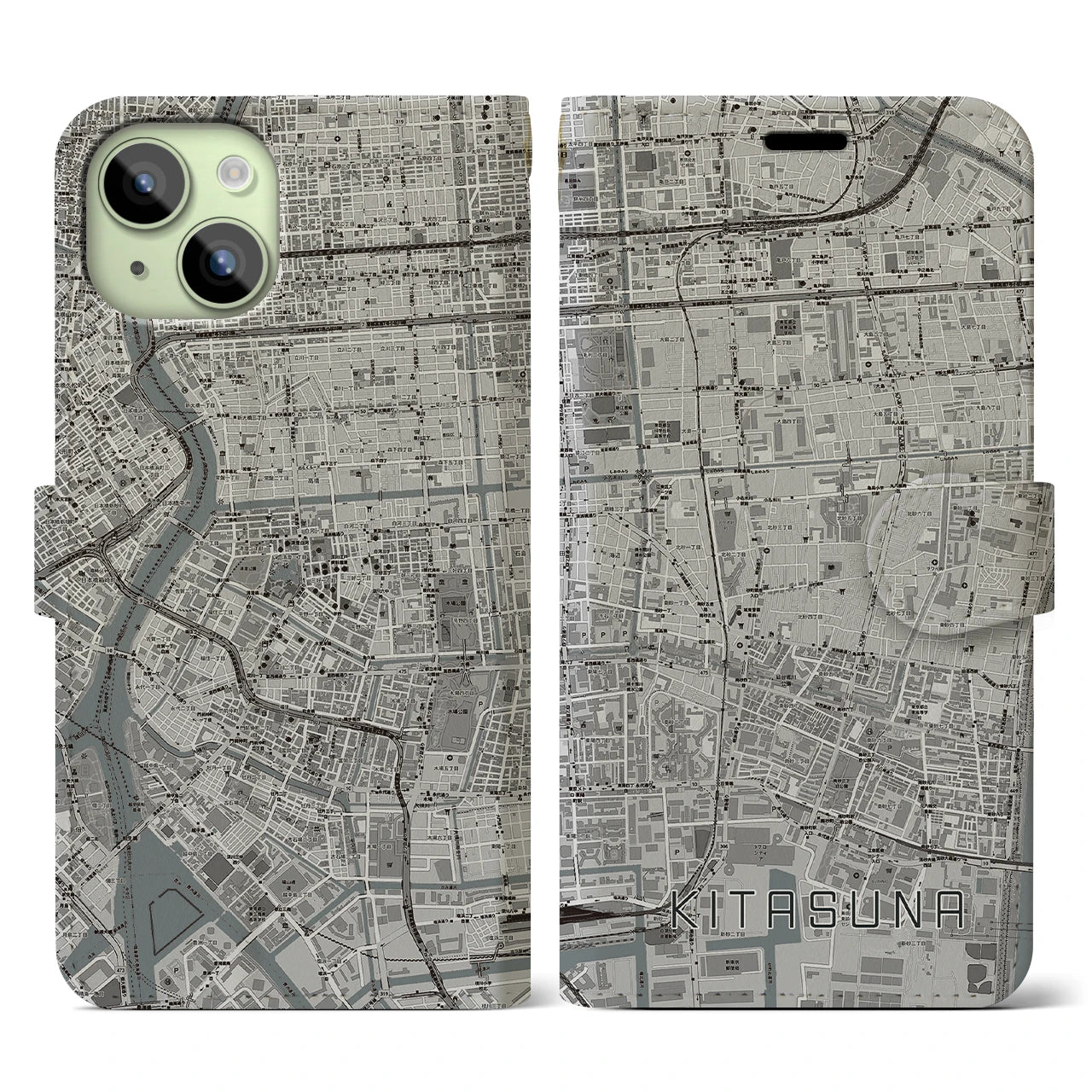 【北砂】地図柄iPhoneケース（手帳両面タイプ・モノトーン）iPhone 15 用