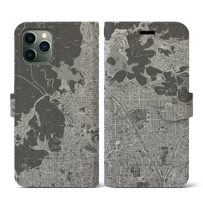 【北山（京都府）】地図柄iPhoneケース（手帳タイプ）モノトーン・iPhone 11 Pro 用