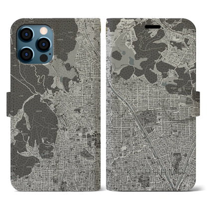 【北山（京都府）】地図柄iPhoneケース（手帳タイプ）モノトーン・iPhone 12 / 12 Pro 用