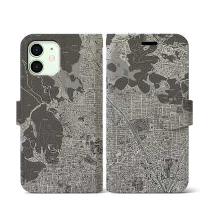 【北山（京都府）】地図柄iPhoneケース（手帳タイプ）モノトーン・iPhone 12 mini 用