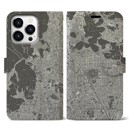 【北山（京都府）】地図柄iPhoneケース（手帳タイプ）モノトーン・iPhone 13 Pro 用