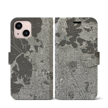 【北山（京都府）】地図柄iPhoneケース（手帳タイプ）モノトーン・iPhone 13 mini 用