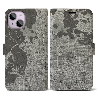 【北山（京都府）】地図柄iPhoneケース（手帳タイプ）モノトーン・iPhone 14 用