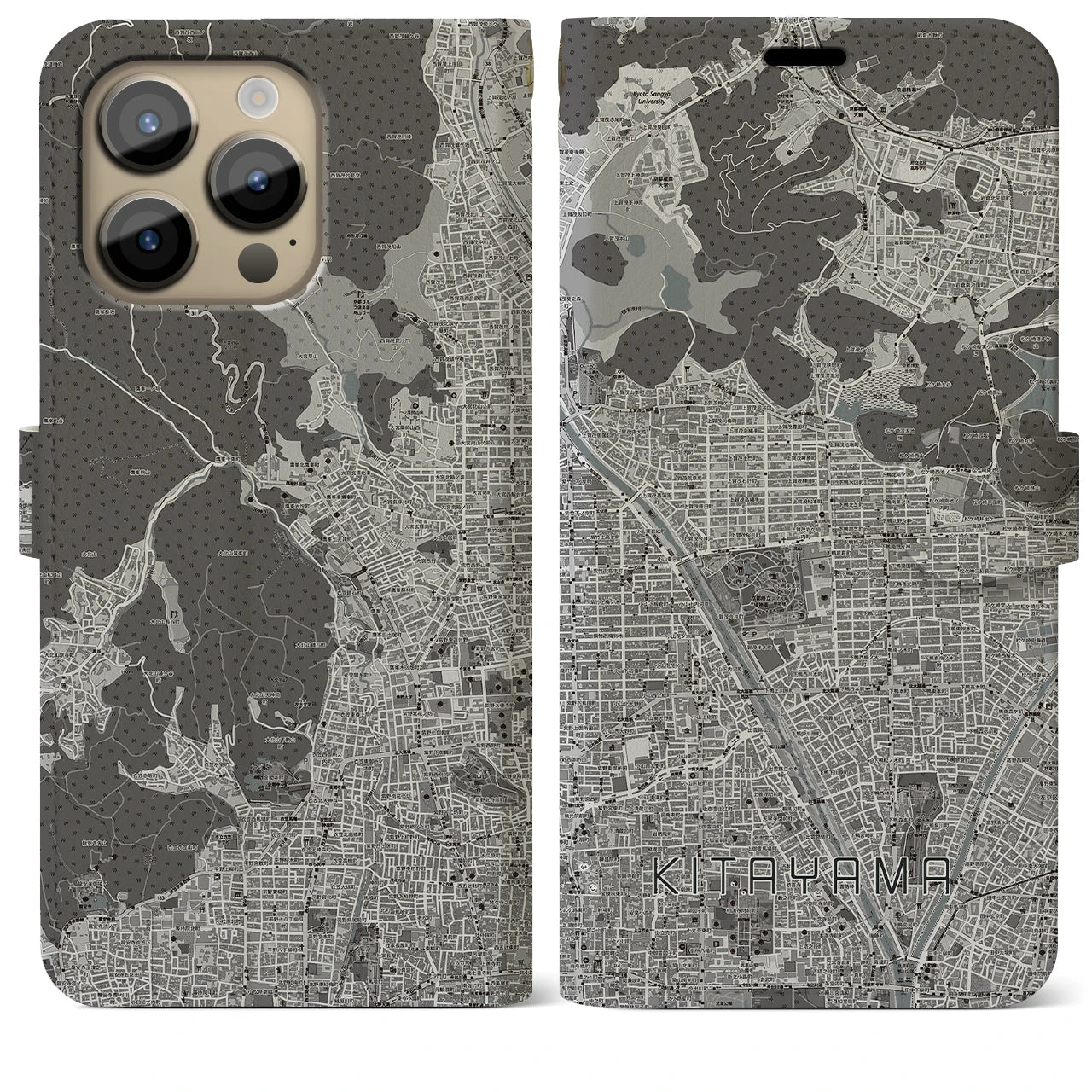 【北山】地図柄iPhoneケース（手帳両面タイプ・モノトーン）iPhone 14 Pro Max 用
