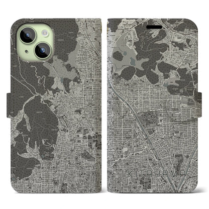 【北山（京都府）】地図柄iPhoneケース（手帳タイプ）モノトーン・iPhone 15 用