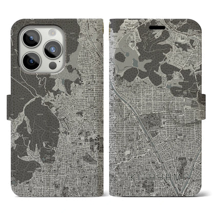 【北山（京都府）】地図柄iPhoneケース（手帳タイプ）モノトーン・iPhone 15 Pro 用