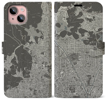 【北山（京都府）】地図柄iPhoneケース（手帳タイプ）モノトーン・iPhone 15 Plus 用