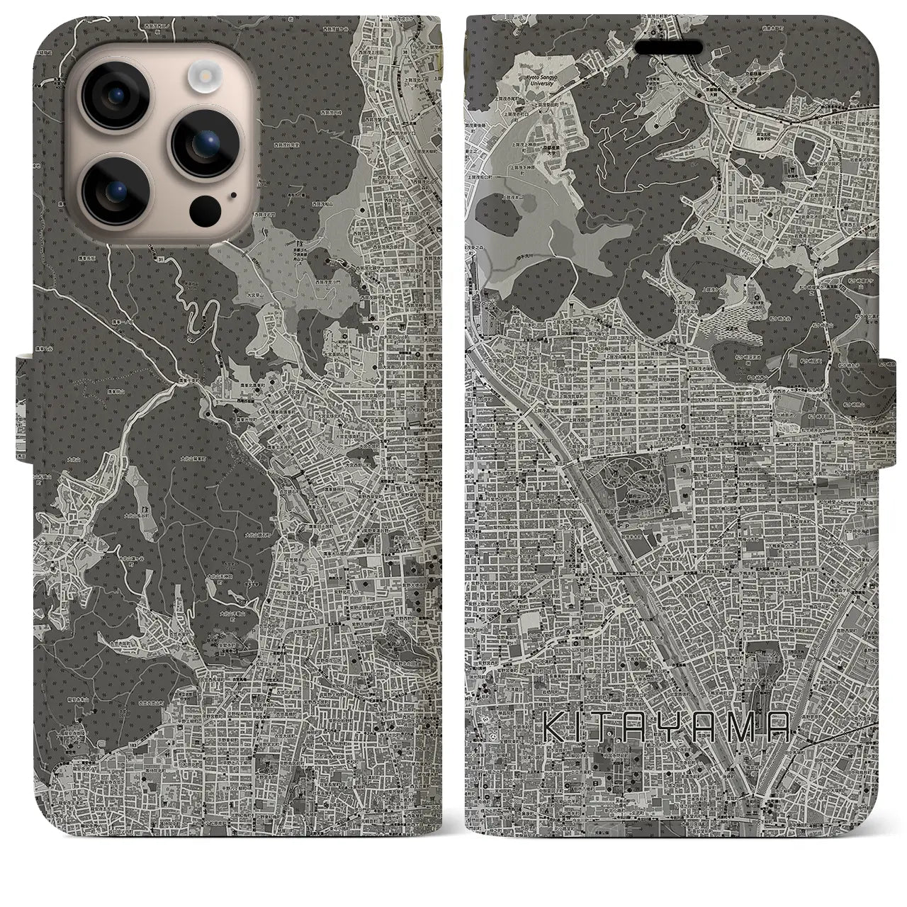 【北山（京都府）】地図柄iPhoneケース（手帳タイプ）モノトーン・iPhone 16 Plus 用