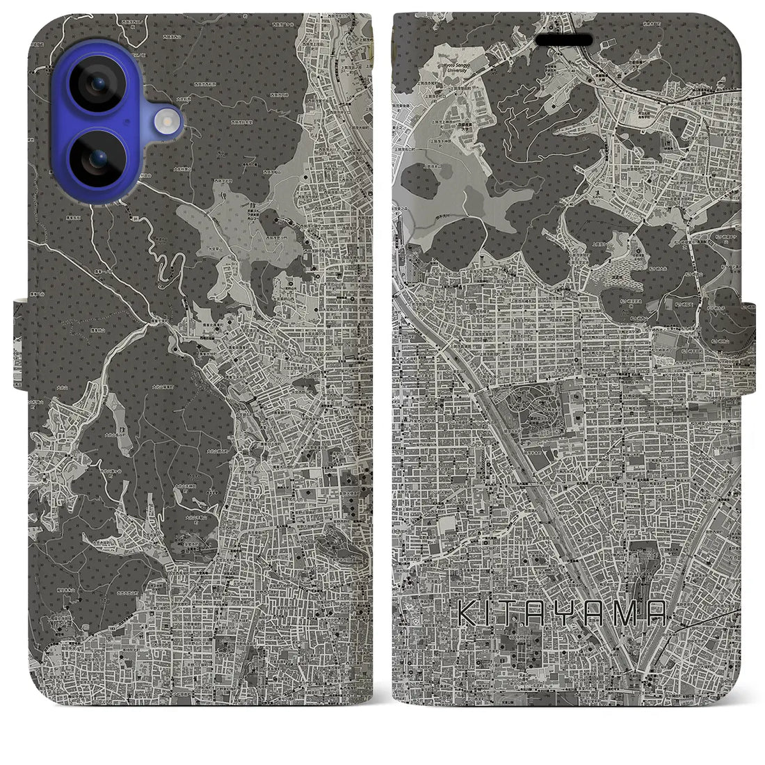 【北山(京都府)】地図柄iPhoneケース(手帳タイプ)モノトーン・iPhone 16 Pro Max 用