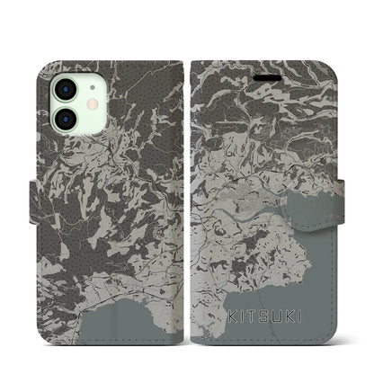 【杵築（大分県）】地図柄iPhoneケース（手帳タイプ）モノトーン・iPhone 12 mini 用
