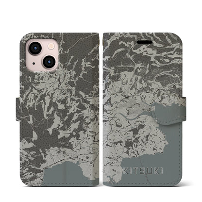 【杵築（大分県）】地図柄iPhoneケース（手帳タイプ）モノトーン・iPhone 13 mini 用