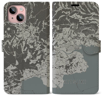 【杵築（大分県）】地図柄iPhoneケース（手帳タイプ）モノトーン・iPhone 15 Plus 用