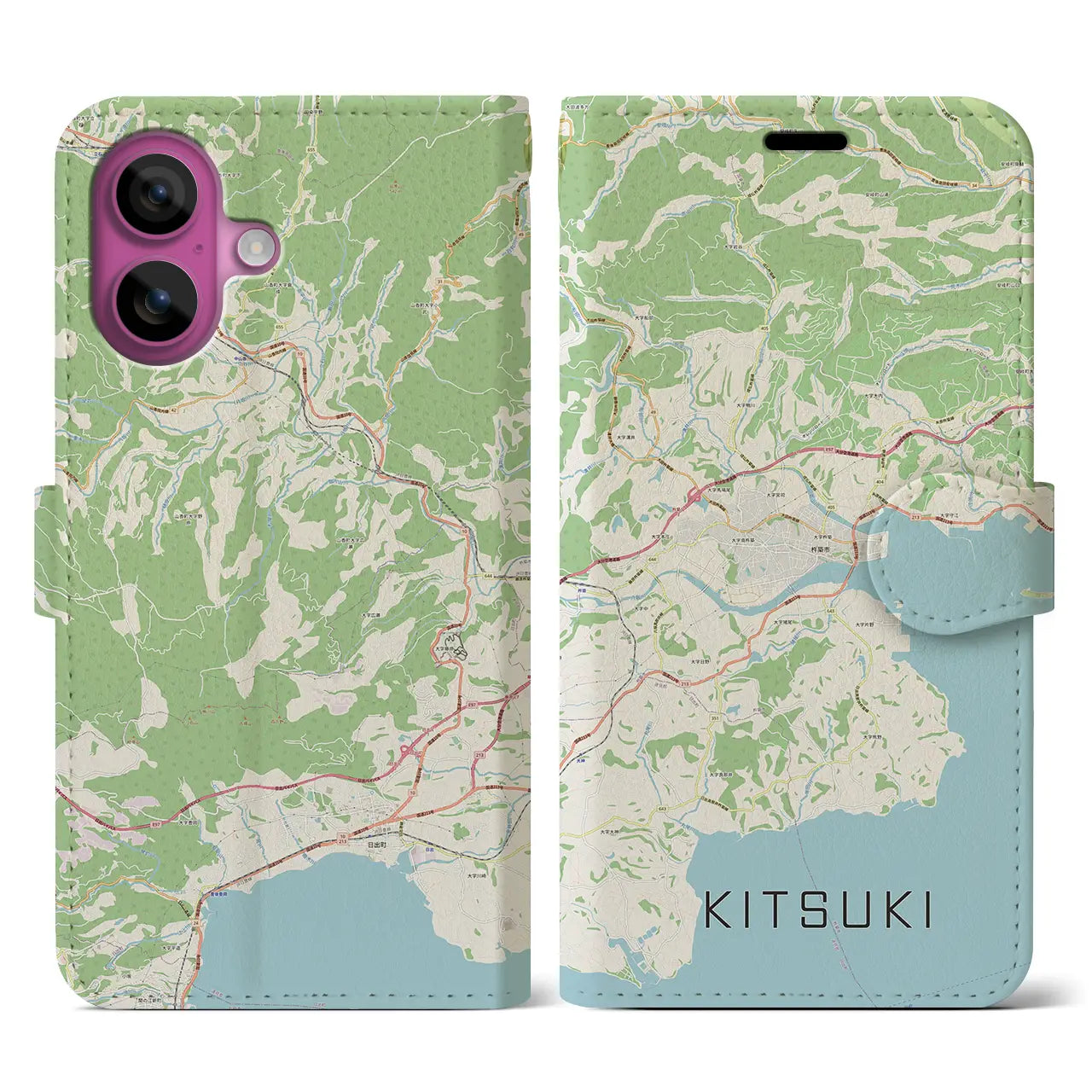 【杵築（大分県）】地図柄iPhoneケース（手帳タイプ）ナチュラル・iPhone 16 Pro 用