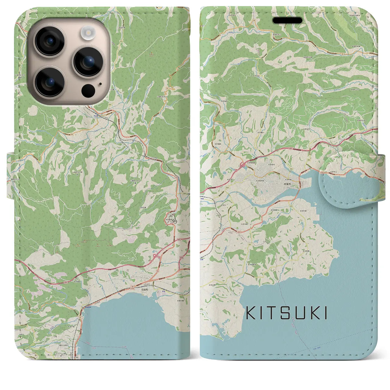 【杵築（大分県）】地図柄iPhoneケース（手帳タイプ）ナチュラル・iPhone 16 Plus 用