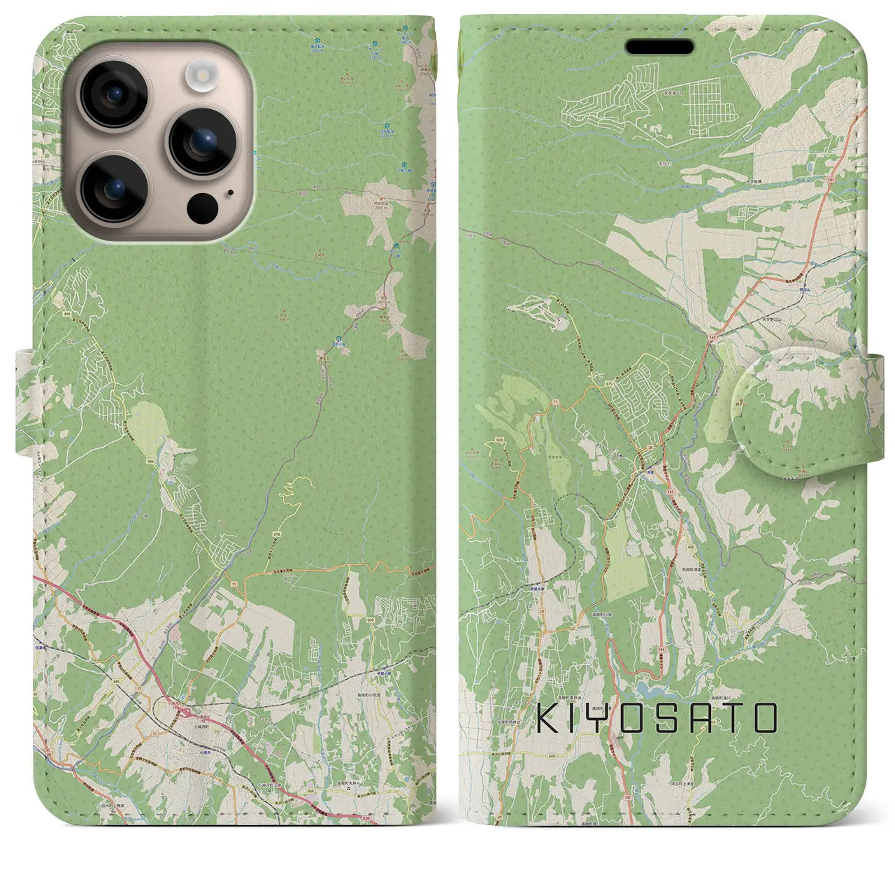 【清里（山梨県）】地図柄iPhoneケース（手帳タイプ）ナチュラル・iPhone 16 Plus 用