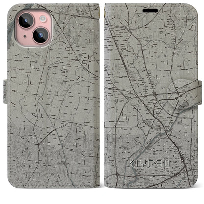 【清須（愛知県）】地図柄iPhoneケース（手帳タイプ）モノトーン・iPhone 15 Plus 用