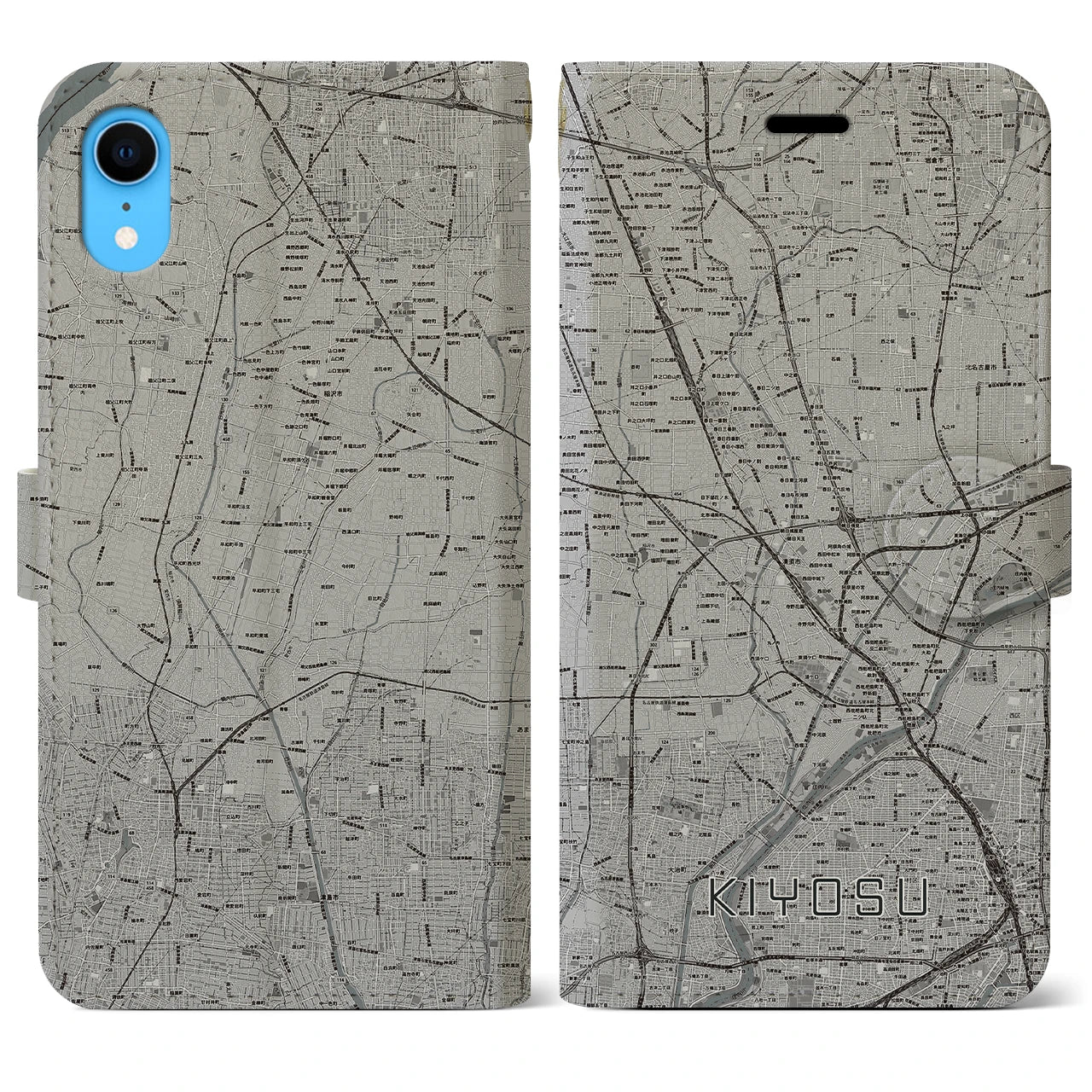 【清須】地図柄iPhoneケース（手帳両面タイプ・モノトーン）iPhone XR 用