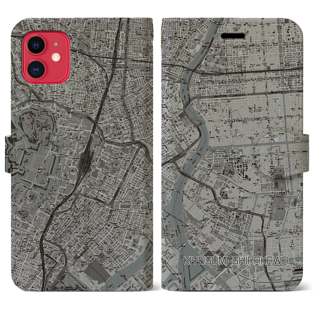【清澄白河】地図柄iPhoneケース（手帳両面タイプ・モノトーン）iPhone 11 用