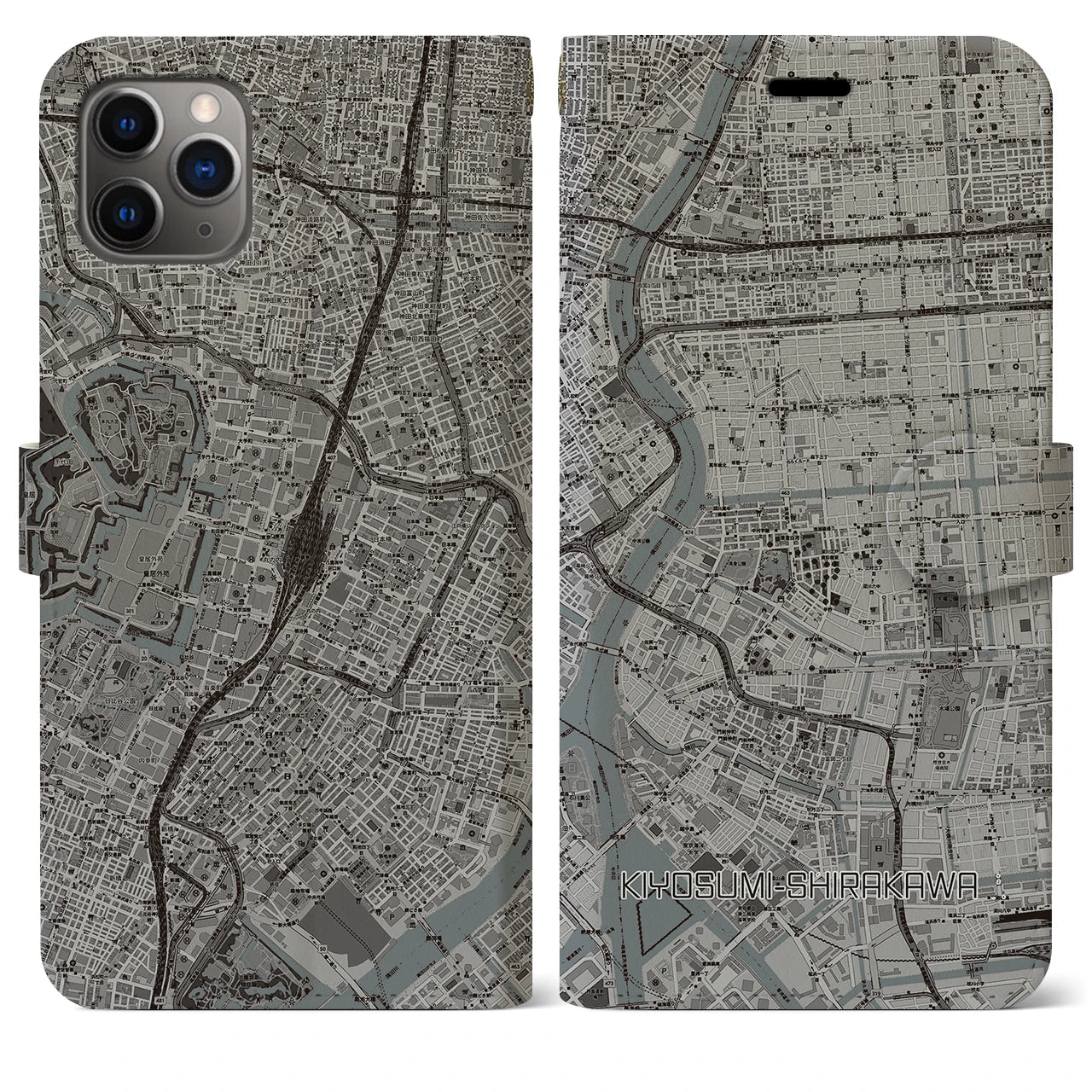 【清澄白河】地図柄iPhoneケース（手帳両面タイプ・モノトーン）iPhone 11 Pro Max 用