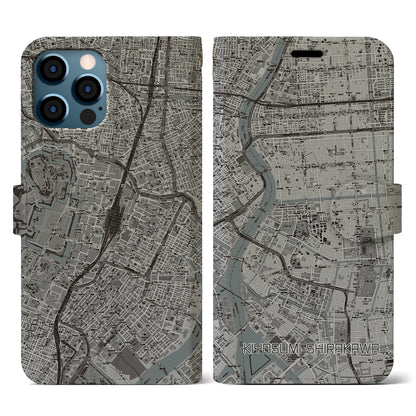 【清澄白河（東京都）】地図柄iPhoneケース（手帳タイプ）モノトーン・iPhone 12 / 12 Pro 用