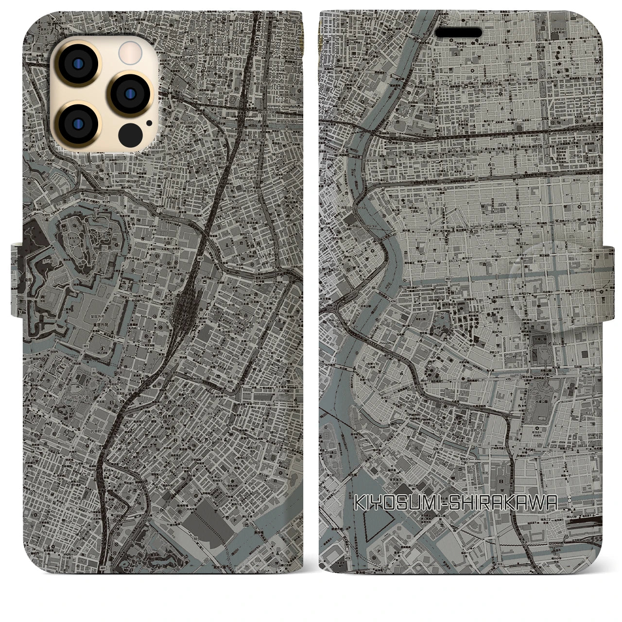 【清澄白河】地図柄iPhoneケース（手帳両面タイプ・モノトーン）iPhone 12 Pro Max 用