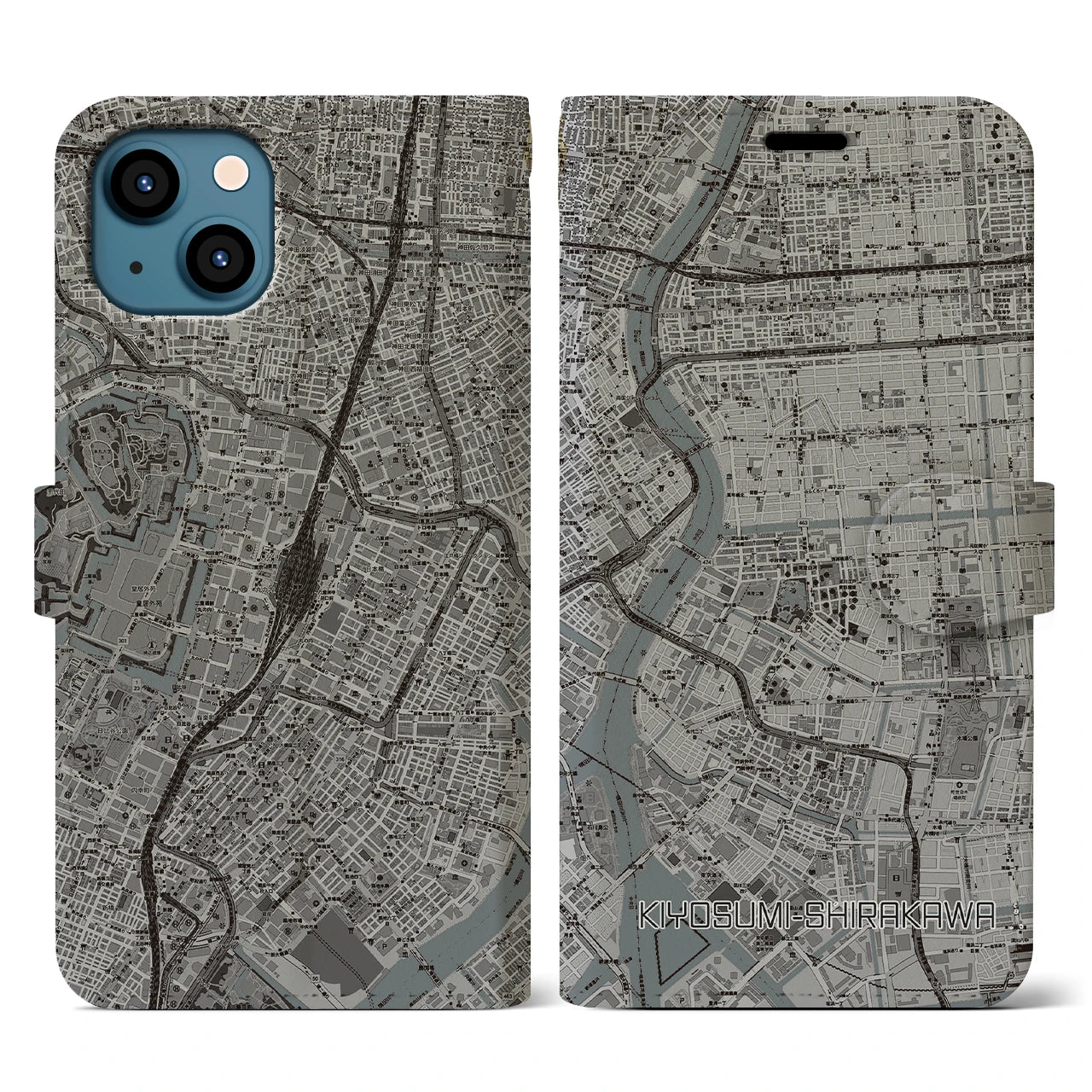 【清澄白河】地図柄iPhoneケース（手帳両面タイプ・モノトーン）iPhone 13 用
