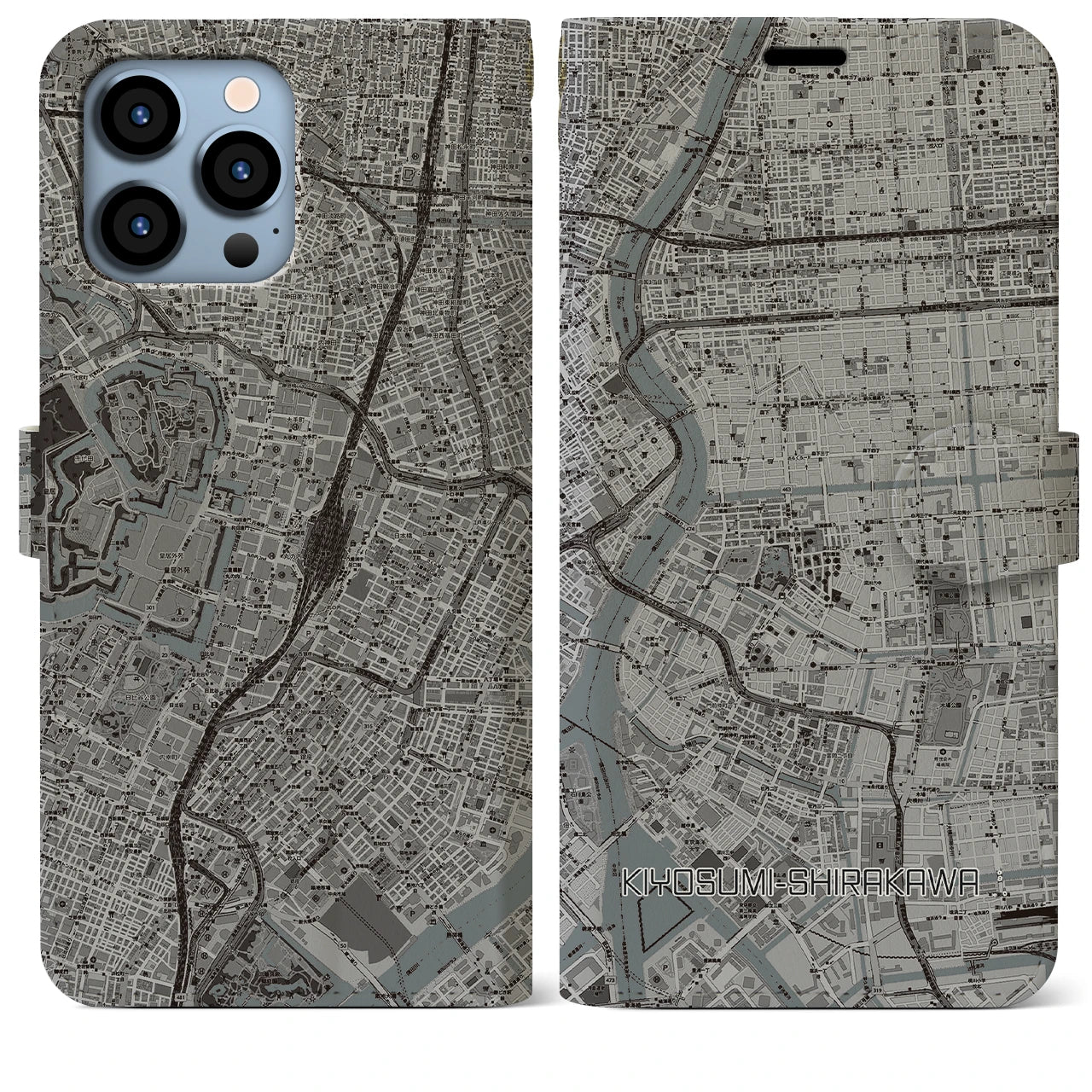 【清澄白河】地図柄iPhoneケース（手帳両面タイプ・モノトーン）iPhone 13 Pro Max 用