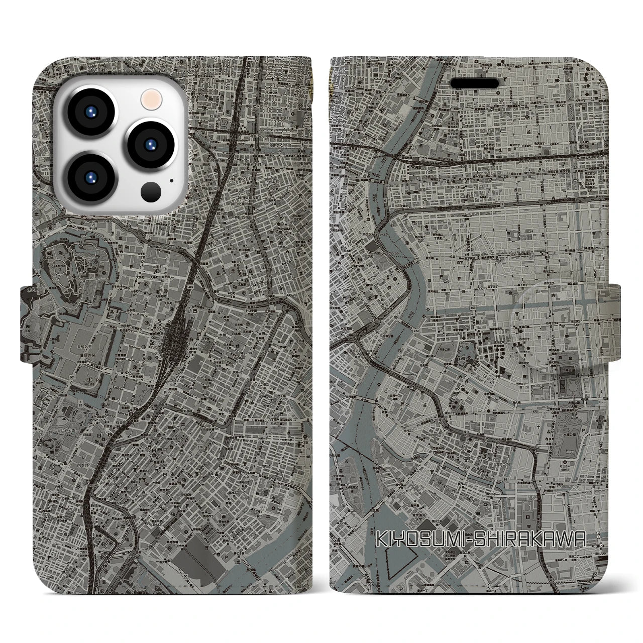 【清澄白河】地図柄iPhoneケース（手帳両面タイプ・モノトーン）iPhone 13 Pro 用