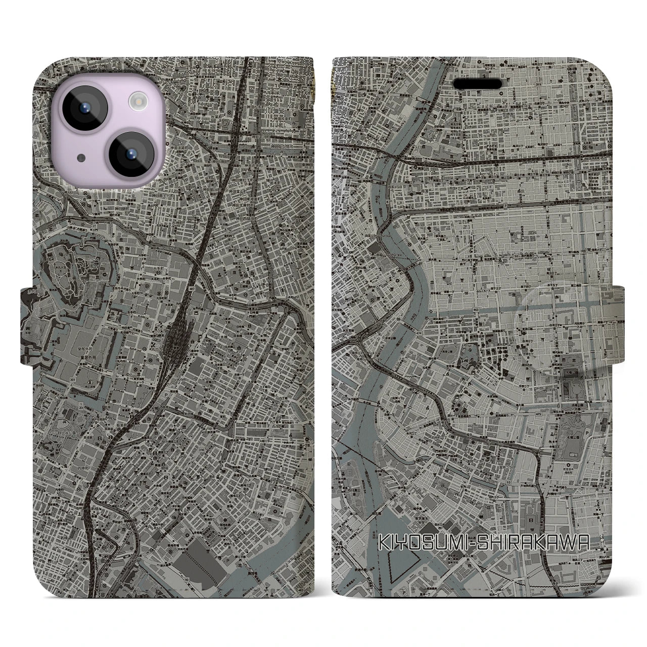 【清澄白河】地図柄iPhoneケース（手帳両面タイプ・モノトーン）iPhone 14 用