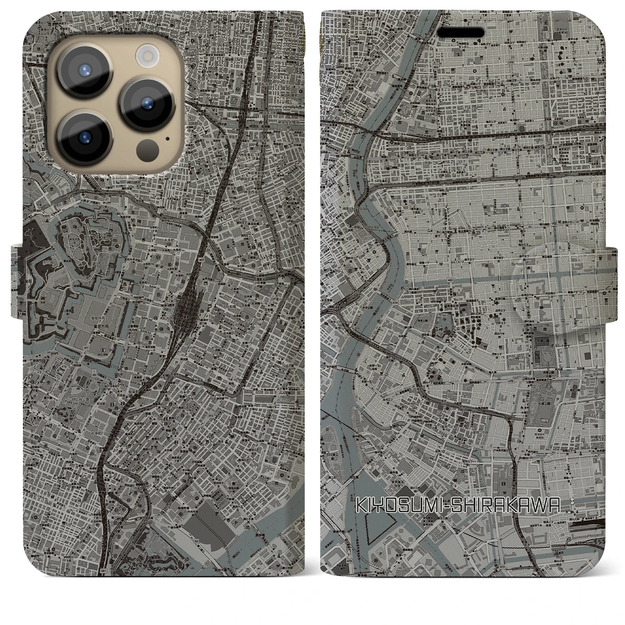 【清澄白河】地図柄iPhoneケース（手帳両面タイプ・モノトーン）iPhone 14 Pro Max 用