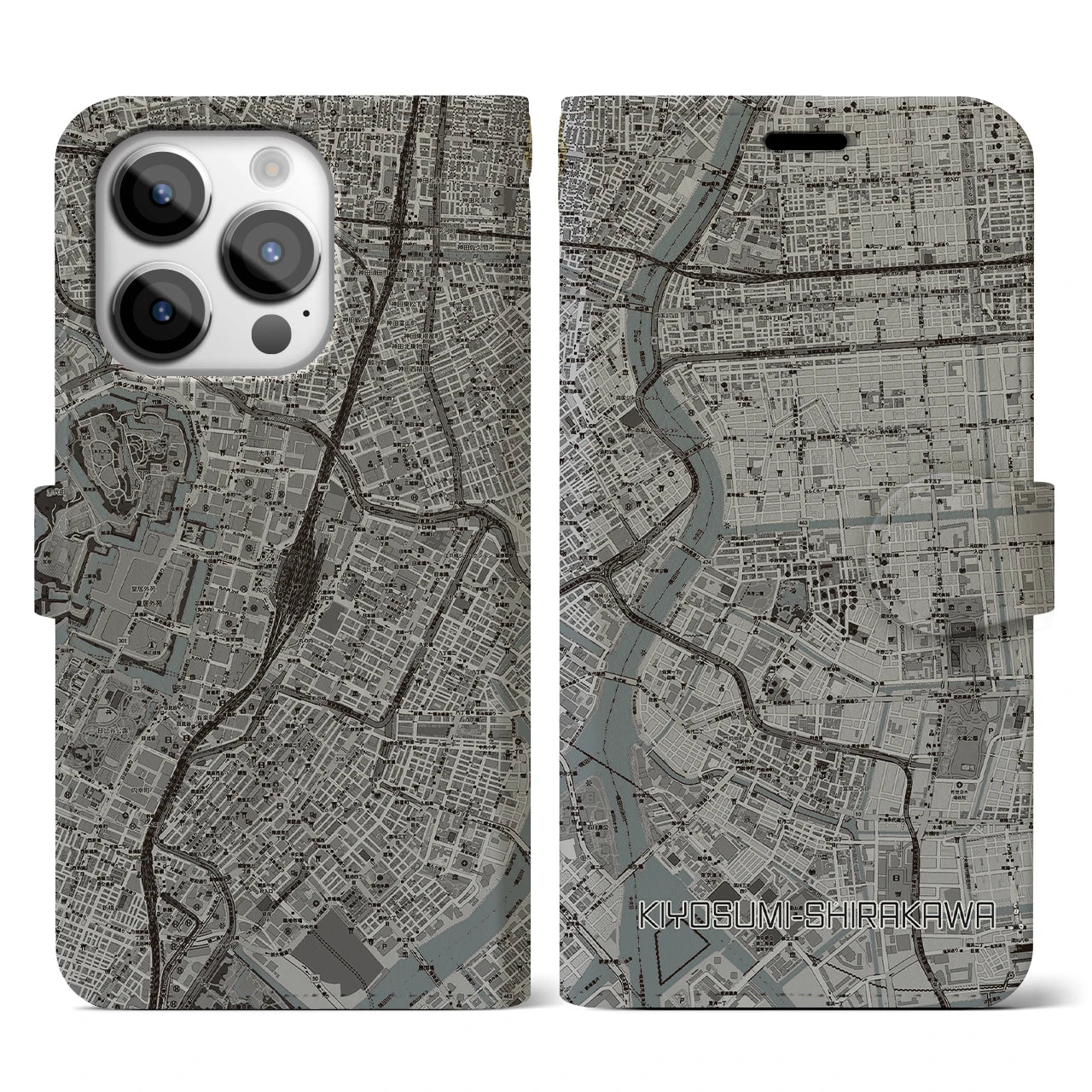 【清澄白河】地図柄iPhoneケース（手帳両面タイプ・モノトーン）iPhone 14 Pro 用