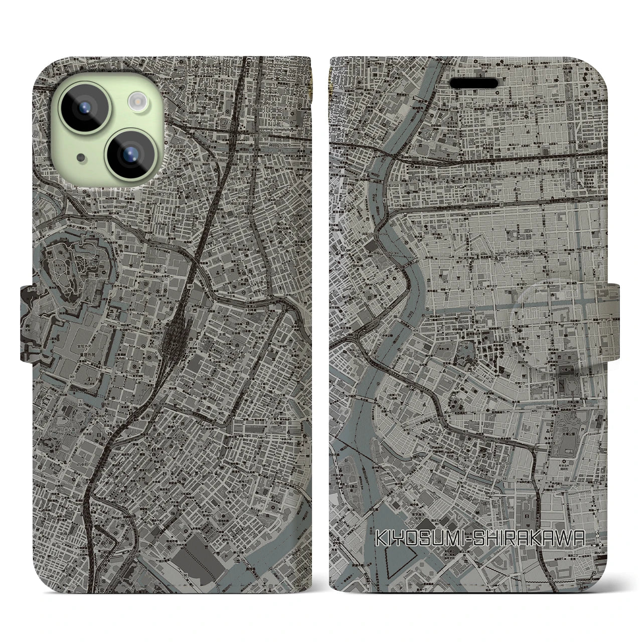 【清澄白河】地図柄iPhoneケース（手帳両面タイプ・モノトーン）iPhone 15 用