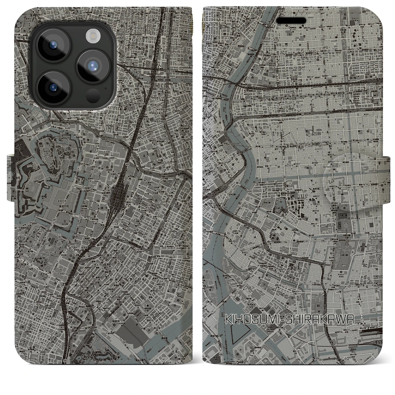 【清澄白河】地図柄iPhoneケース（手帳両面タイプ・モノトーン）iPhone 15 Pro Max 用