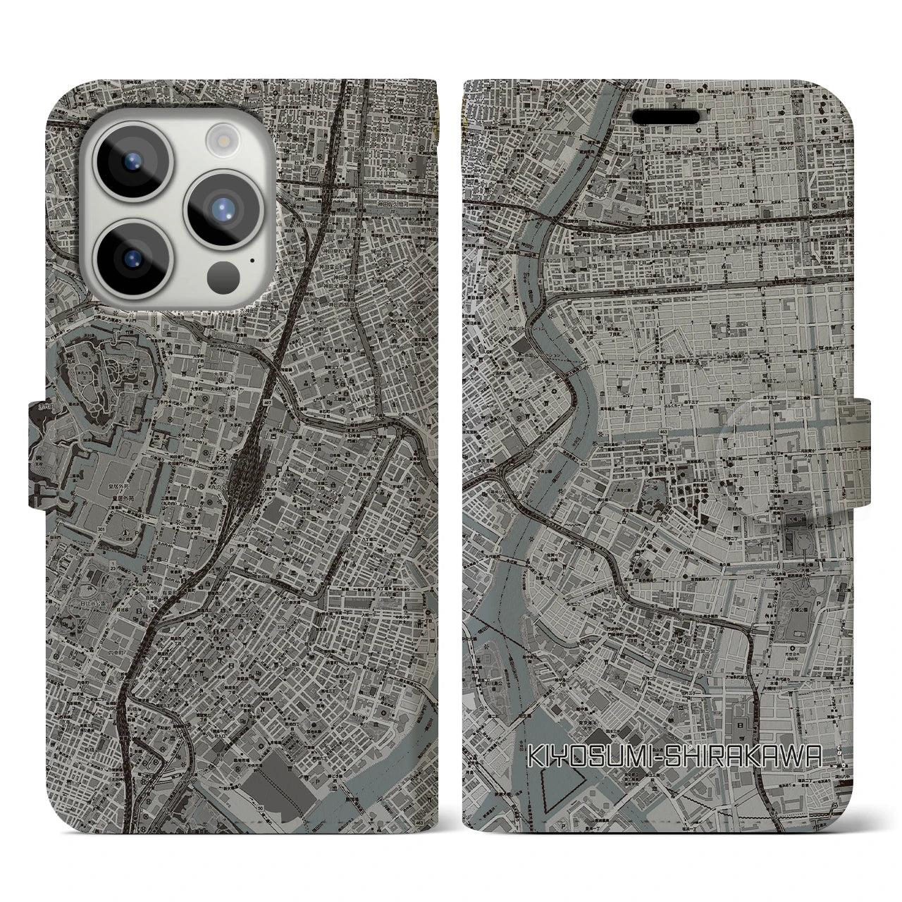 【清澄白河】地図柄iPhoneケース（手帳両面タイプ・モノトーン）iPhone 15 Pro 用