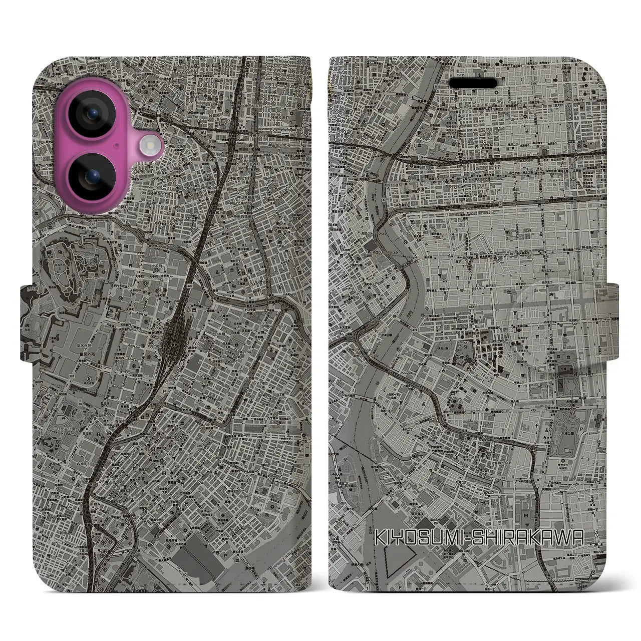 【清澄白河（東京都）】地図柄iPhoneケース（手帳タイプ）モノトーン・iPhone 16 Pro 用