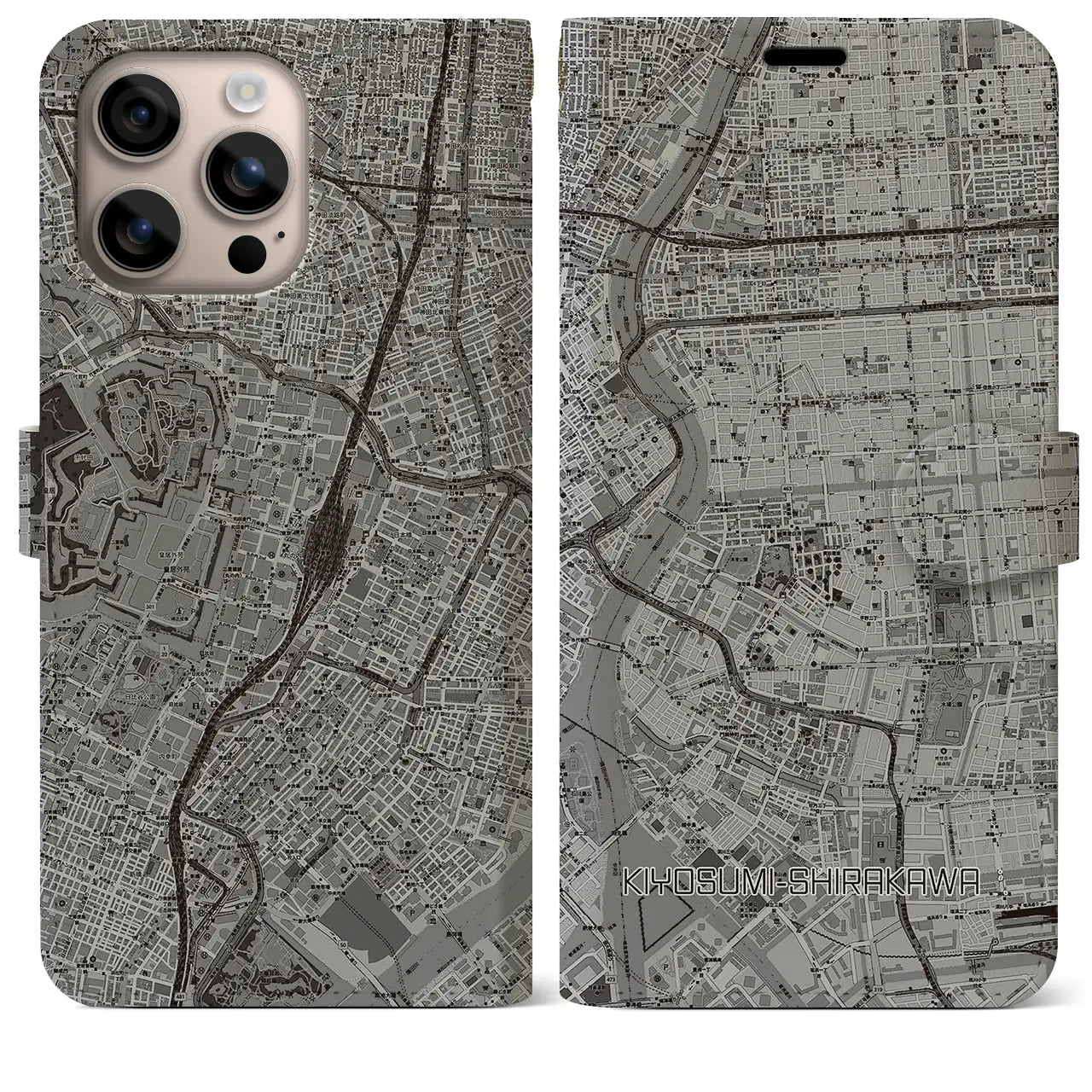 【清澄白河（東京都）】地図柄iPhoneケース（手帳タイプ）モノトーン・iPhone 16 Plus 用