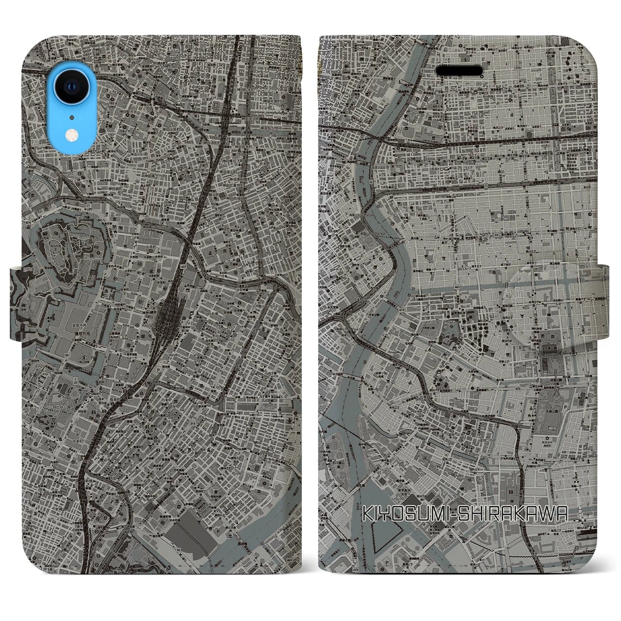 【清澄白河】地図柄iPhoneケース（手帳両面タイプ・モノトーン）iPhone XR 用