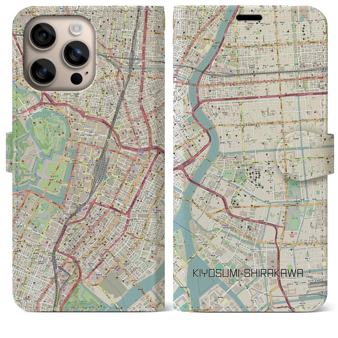 【清澄白河（東京都）】地図柄iPhoneケース（手帳タイプ）ナチュラル・iPhone 16 Plus 用