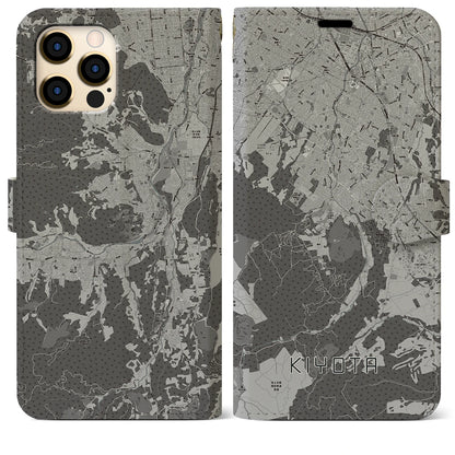 【清田（北海道）】地図柄iPhoneケース（手帳タイプ）モノトーン・iPhone 12 Pro Max 用