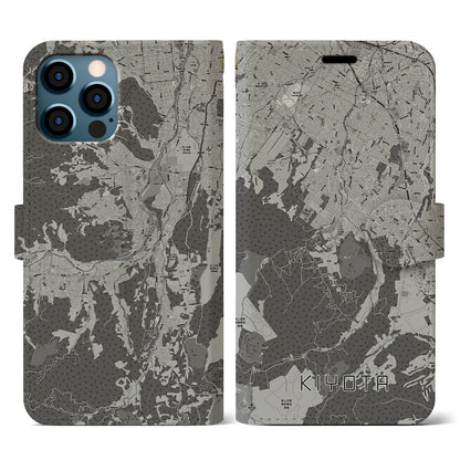 【清田（北海道）】地図柄iPhoneケース（手帳タイプ）モノトーン・iPhone 12 / 12 Pro 用