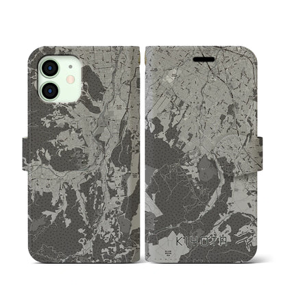 【清田（北海道）】地図柄iPhoneケース（手帳タイプ）モノトーン・iPhone 12 mini 用