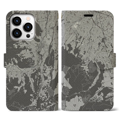 【清田（北海道）】地図柄iPhoneケース（手帳タイプ）モノトーン・iPhone 13 Pro 用