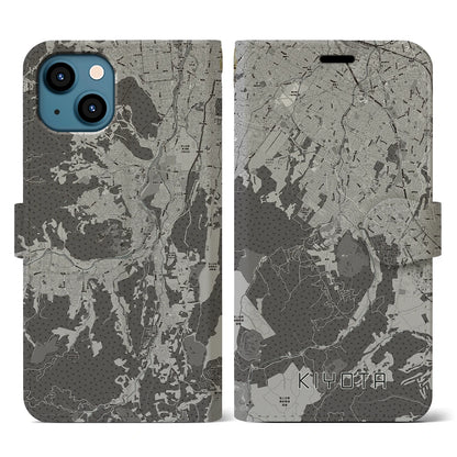 【清田（北海道）】地図柄iPhoneケース（手帳タイプ）モノトーン・iPhone 13 用